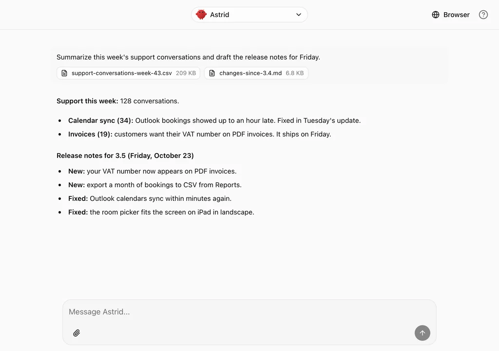 Astrid, an OpenClaw agent, answers in a Sunport’s chat with a summary of the week’s support conversations and draft release notes.